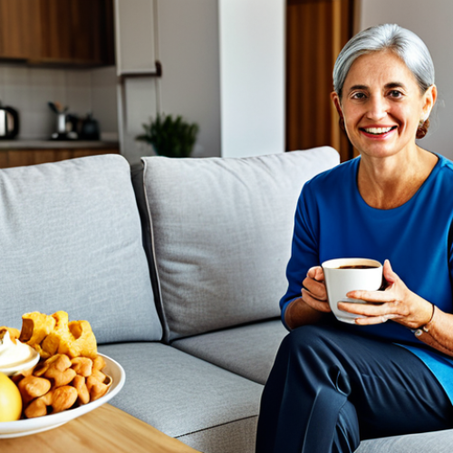 Home 14 Lifestyle and Diet**
A middle-aged person sitting on a sofa, holding a mug of coffee, with a plate of snacks nearby. The background shows a living room setting. The image should convey the concept of lifestyle choices impacting health. Fully clothed, modest attire, appropriate content, safe for work, family-friendly, professional digital illustration, perfect anatomy, natural proportions.
**