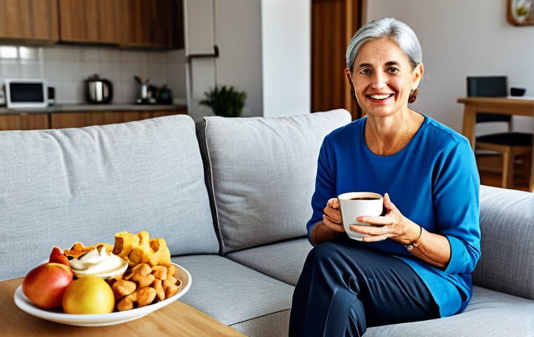 Lifestyle and Diet**

A middle-aged person sitting on a sofa, holding a mug of coffee, with a plate of snacks nearby. The background shows a living room setting. The image should convey the concept of lifestyle choices impacting health. Fully clothed, modest attire, appropriate content, safe for work, family-friendly, professional digital illustration, perfect anatomy, natural proportions.

**