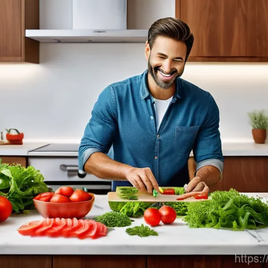 전립선암 조기 진단을 위한 PSA 검사 - **Healthy Eating:** In one section, the man is smiling while preparing a salad, with fresh, colorful...
