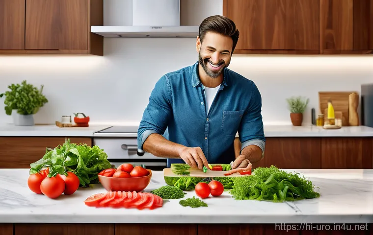 전립선암 조기 진단을 위한 PSA 검사 - **Healthy Eating:** In one section, the man is smiling while preparing a salad, with fresh, colorful...