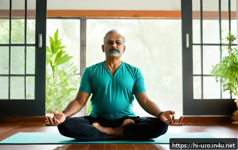 소변을 자주 보고 싶은 원인과 치료 - A serene Indian middle-aged man practicing yoga in a bright, airy room with morning sunlight filteri...