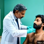 비뇨기과에서의 전립선암 검사 비용 - A detailed medical scene showing a middle-aged Indian male patient in a private clinic setting under...