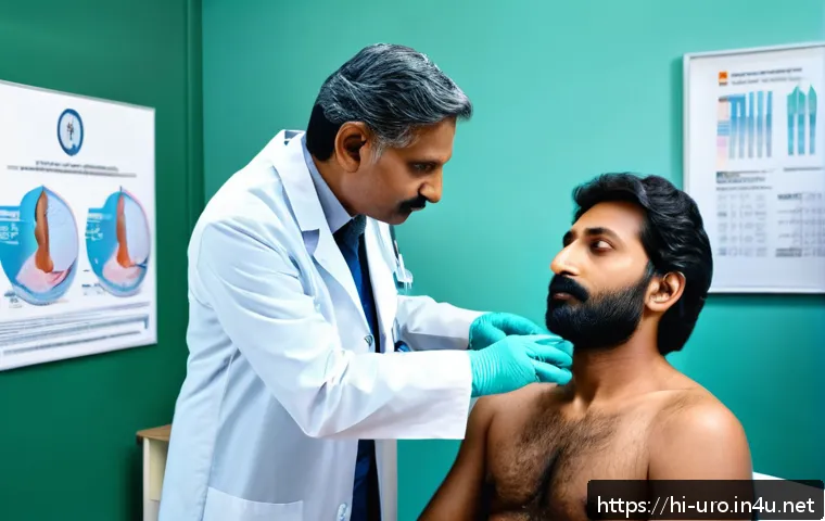 비뇨기과에서의 전립선암 검사 비용 - A detailed medical scene showing a middle-aged Indian male patient in a private clinic setting under...