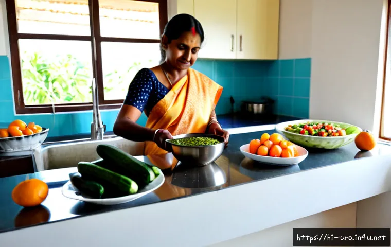 요로결석 예방을 위한 식습관 - Photorealistic Indian home kitchen scene, a middle-aged Indian woman preparing a kidney-stone-preven...