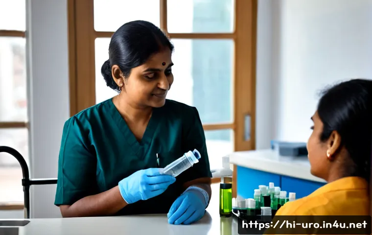 소변 검사로 알 수 있는 질환 - Photorealistic Indian diagnostic clinic scene, a middle-aged Indian woman in modest everyday clothin...